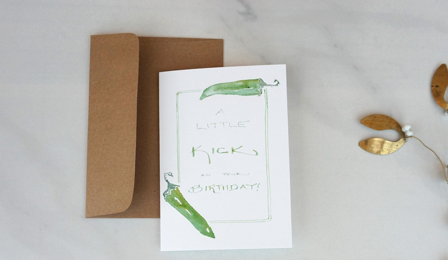 Green chile "A Little Kick on Your Birthday" card